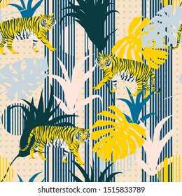 Seamless vector exotic tropical pattern with tigers, leaves, flowers for textile design, wrapping,  apparel, furniture, accessories, etc.