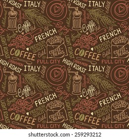Seamless vector experience pattern with coffee beans, bag of coffee, coffee mill cups.  Hand-drown vintage background. Brown color