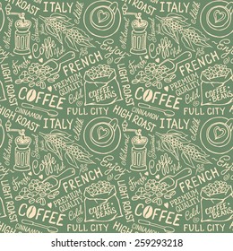 Seamless vector experience pattern with coffee beans, bag of coffee, coffee mill cups.  Hand-drown vintage background. 