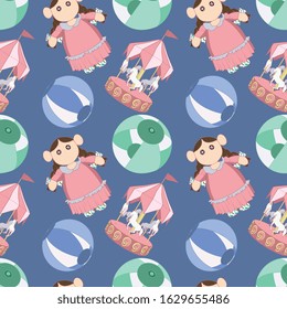 Seamless Vector Fabric Doll, Carousel And Ball Pattern 