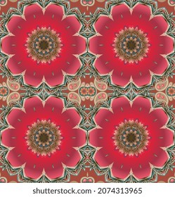 Seamless vector fabric print with bright burgundy red open tulips in mandala shape and paisley pattern. Yoga mat. Oriental motives.