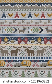 Seamless Vector Fair Isle Knit Happy Camper Winter Wonderland Woodland Animals in Brown, Red, Green. Great for fabric, textiles, home decor, apparel, holidays, wrapping paper, backgrounds, wallpaper.