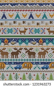 Seamless Vector Fair Isle Knit Happy Camper Winter Wonderland Woodland Animals in Blue + Turquoise. Great for fabric, textiles, home decor, apparel, holidays, wrapping paper, backgrounds, wallpaper.