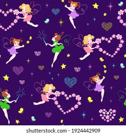 Seamless vector fairy tale pattern with flying little wonderful fairies with a magic wand, with openwork hearts and hearts made of flowers, glitter, stars, butterflies on a dark purple background