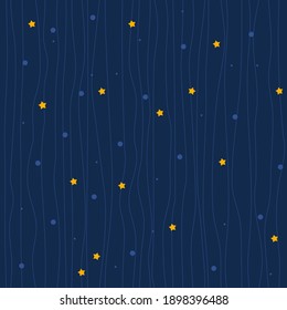 Seamless vector fairy texture on blue. A pattern of blue lines, yellow stars, and dots. Elegant background, children's night fairy background