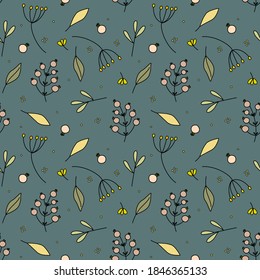 Seamless vector fall nature pattern from forest berries colorful tree leaves branches twigs winterberries in free hand doodle style. on teal background. Cute ditzy print for fabric gift wrapping paper