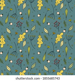 Seamless vector fall nature pattern from forest berries colorful oak tree leaves branches twigs in free hand doodle style on teal background. Cute creative print for fabric wrapping gift paper