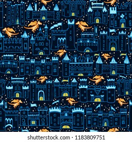 Seamless Vector Fantasy Dragon Dreams Starry Night Sky Castle Neighborhood Print in Navy, Royal, and Baby Blue and Orange Dragons. Great for kids decor, clothing, scrapbooking, home decor, and fabric.