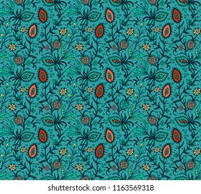 Seamless vector fantasy floral texture on turquoise background