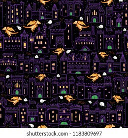 Seamless Vector Fantasy Halloween Dragon Dreams Starry Night Sky Castle Neighborhood with Ghosts & Bats in Purple, Green, & Orange. Great for kids decor, clothing, scrapbooking, home decor, and fabric