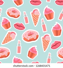 Seamless vector fashion pattern with ips, lipsticks. icecream, donut and sweet cakes. Pretty beautiful background for girls and woman in pink and blue.