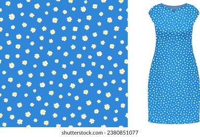 Seamless vector fashion pattern. Women long dress mockup with white cute flowers on blue background. Floral hand drawn texture for clothes, interior design with flower print, invitation, etc.
