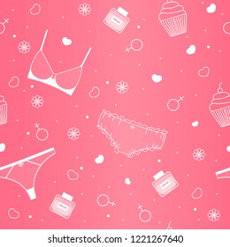 Seamless, vector, female background pink color. Underwear and accessories.