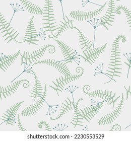 Patrón vectorial de helecho y flor de hierba sin foco, Verde y azul en tonos beige. Auténtico fondo de invierno. para invitación, boda, tarjeta, afiche, saludos.
