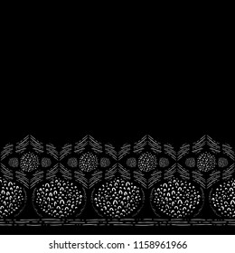 Seamless Vector Festive Monochrome Black and White Abstract Hand Doodled Geometric Border Pattern. Great for fabric, scrapbooking, home decor, textiles, and backgrounds.