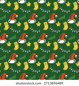 Seamless vector festive New Year's pattern in green with Santa's hat, sock, garland and stars
