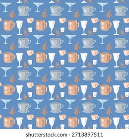 Patrón festivo del año Nuevo del Vector inconsútil con un vaso, taza, taza, vaso de tiro, y diversos vasos para las bebidas
