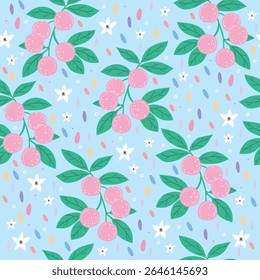 Seamless vector festive pattern with pink tangerines, citrus fruits, confetti, and flowers. Bright cute girly background.