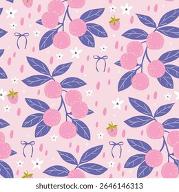 Seamless vector festive pattern with pink tangerines, citrus fruits, confetti, and flowers. Bright cute girly background.