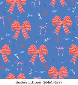 Seamless vector festive pattern with red bows, confetti, hearts, and a blue background. Cute playful design.