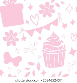 Seamless vector festive pink doodle pattern for birthday.Girly pattern with cake and gifts. Happy birthday. Seamless pattern with funny donuts and sweets.