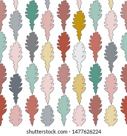 Seamless vector file with colorful oak leaves on white background. Uniform distribution of elements. Beige with black outline. For fabric, paper, Wallpaper, packing design.
