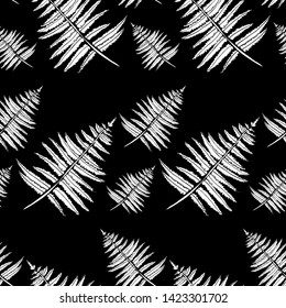 Seamless vector file with fern leaves. Monochrome color. Summer pattern. Autumn pattern. Fern silhouettes. For decor fabric, paper, Wallpaper, packaging.