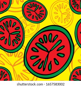 Archivo vectorial sin problemas.Abstracción.Trozos de vegetales. Círculos. Para el diseño de tela, embalaje, papel y papel pintado. Tomates, pepinos.