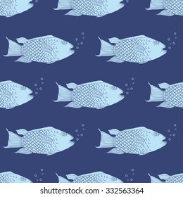 Seamless vector fish pattern. Endless texture. Hand drawn vector