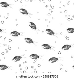 Seamless vector fish pattern. Shoal fishes. Zebra angel fish. Endless texture. Hand drawn.