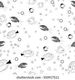 Seamless vector fish pattern. Shoal fishes. Blue tang fish, Yellow tang fish, Zebra angel fish. Endless texture. Hand drawn.