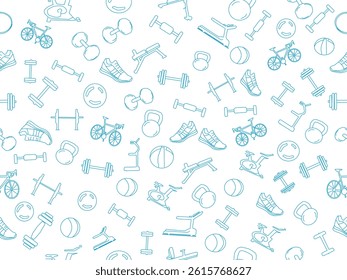 Seamless vector fitness equipment background pattern. Simple line art fitness background. Fitness equipment background. Fitness and Workout Seamless Pattern and Background with Line Icons.