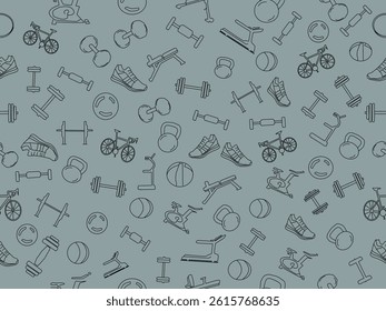 Seamless vector fitness equipment background pattern. Simple line art fitness background. Fitness equipment background. Fitness and Workout Seamless Pattern and Background with Line Icons.
