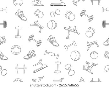 Seamless vector fitness equipment background pattern. Simple line art fitness background. Fitness equipment background. Fitness and Workout Seamless Pattern and Background with Line Icons.