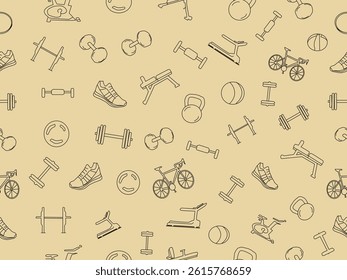 Seamless vector fitness equipment background pattern. Simple line art fitness background. Fitness equipment background. Fitness and Workout Seamless Pattern and Background with Line Icons.