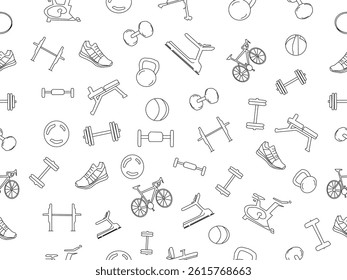 Seamless vector fitness equipment background pattern. Simple line art fitness background. Fitness equipment background. Fitness and Workout Seamless Pattern and Background with Line Icons.