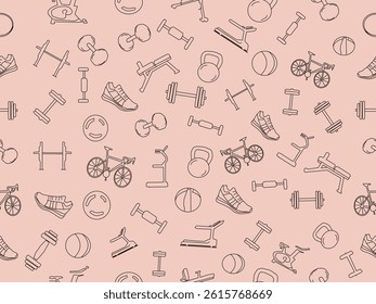 Seamless vector fitness equipment background pattern. Simple line art fitness background. Fitness equipment background. Fitness and Workout Seamless Pattern and Background with Line Icons.
