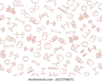 Seamless vector fitness equipment background pattern. Simple line art fitness background. Fitness equipment background. Fitness and Workout Seamless Pattern and Background with Line Icons.