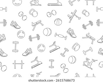 Seamless vector fitness equipment background pattern. Simple line art fitness background. Fitness equipment background. Fitness and Workout Seamless Pattern and Background with Line Icons.