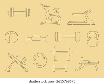 Seamless vector fitness equipment background pattern. Simple line art fitness background. Fitness equipment background. Fitness and Workout Seamless Pattern and Background with Line Icons.