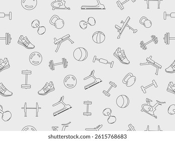 Seamless vector fitness equipment background pattern. Simple line art fitness background. Fitness equipment background. Fitness and Workout Seamless Pattern and Background with Line Icons.