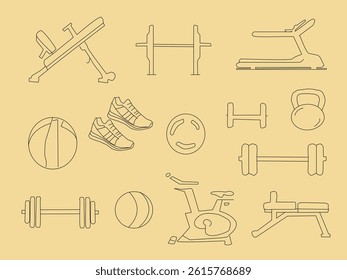 Seamless vector fitness equipment background pattern. Simple line art fitness background. Fitness equipment background. Fitness and Workout Seamless Pattern and Background with Line Icons.
