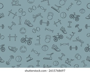 Seamless vector fitness equipment background pattern. Simple line art fitness background. Fitness equipment background. Fitness and Workout Seamless Pattern and Background with Line Icons.
