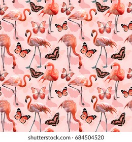 Seamless Vector Flamingo And Butterflies Pattern