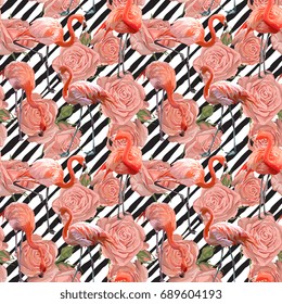 Seamless Vector Flamingo Pink Rose Pattern