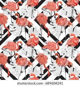 Seamless Vector Flamingo Pink Rose Pattern