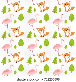 Seamless vector of flamingo,fox and tree pattern.Illustration of wildlife animal.Grid pattern.Holiday background.