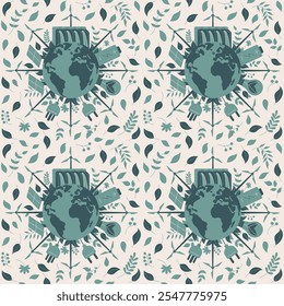 Seamless vector flat art pattern featuring the Earth surrounded by renewable energy symbols.