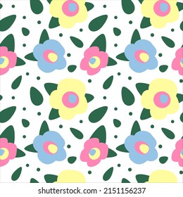 Seamless vector flat design flowers pattern. For background, textile, packaging.