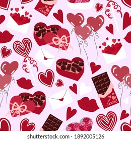 Seamless vector flat hearts pattern. Valentine's day background. Flat design. Endless chaotic texture of romantic elements. Hearts, balloons, candy, chocolate, lollipop, lips, envelope.